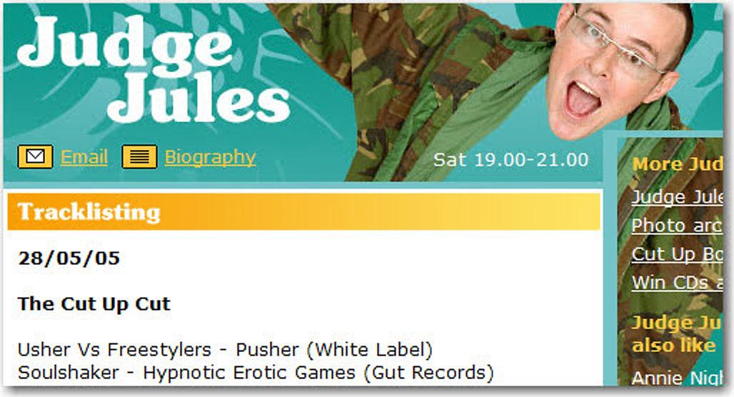 Judge Jules' Radio 1 tracklisting for 28 May 2005 including Soulshaker, Hypnotic Erotic Games