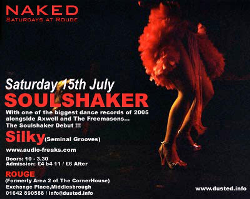Flyer for Naked at Rouge, Middlesbrough, Saturday 15 July, with Soulshaker