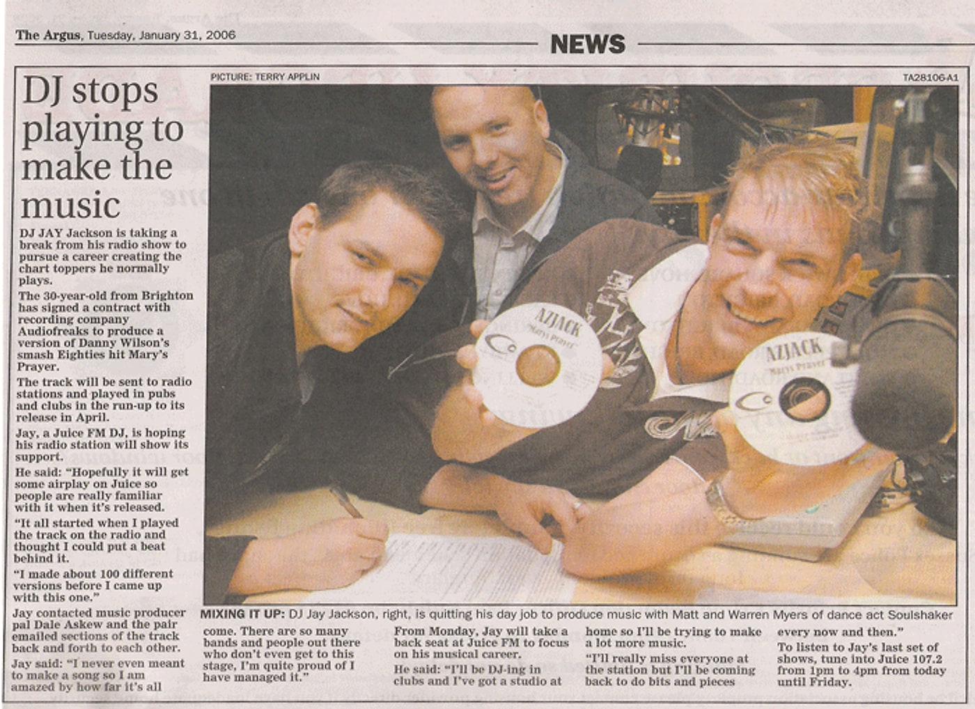 The Argus newspaper cutting from 31 January 2006 headlined 'DJ stops playing to make the music'