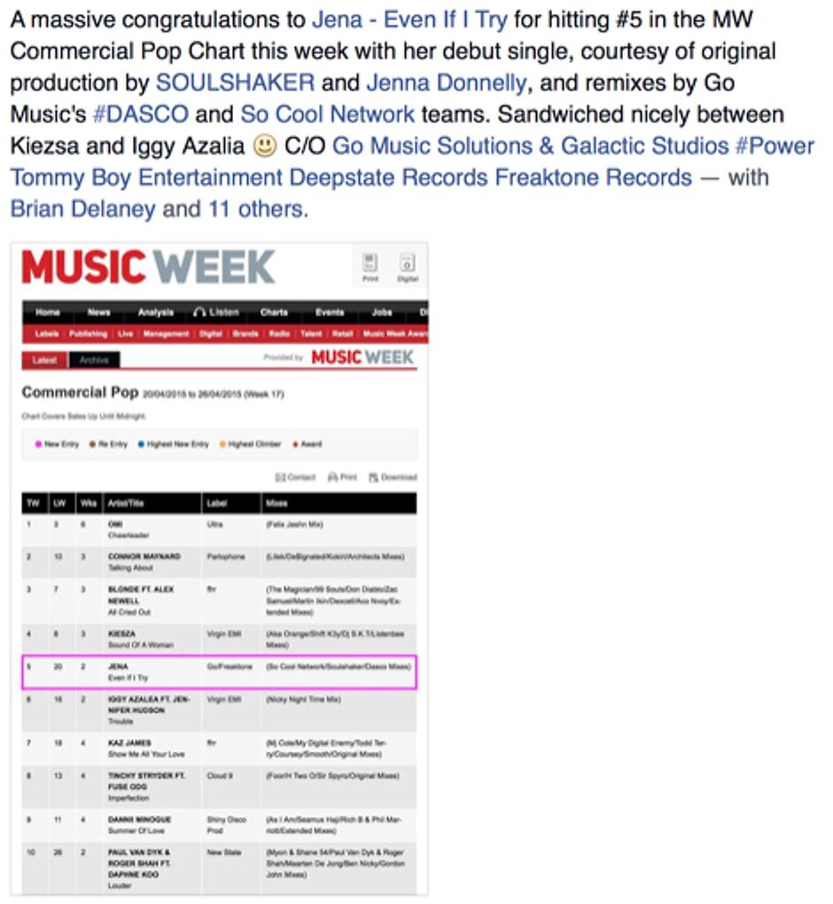 Post celebrating Jena at number 5 with the Music Week Commercial Pop chart