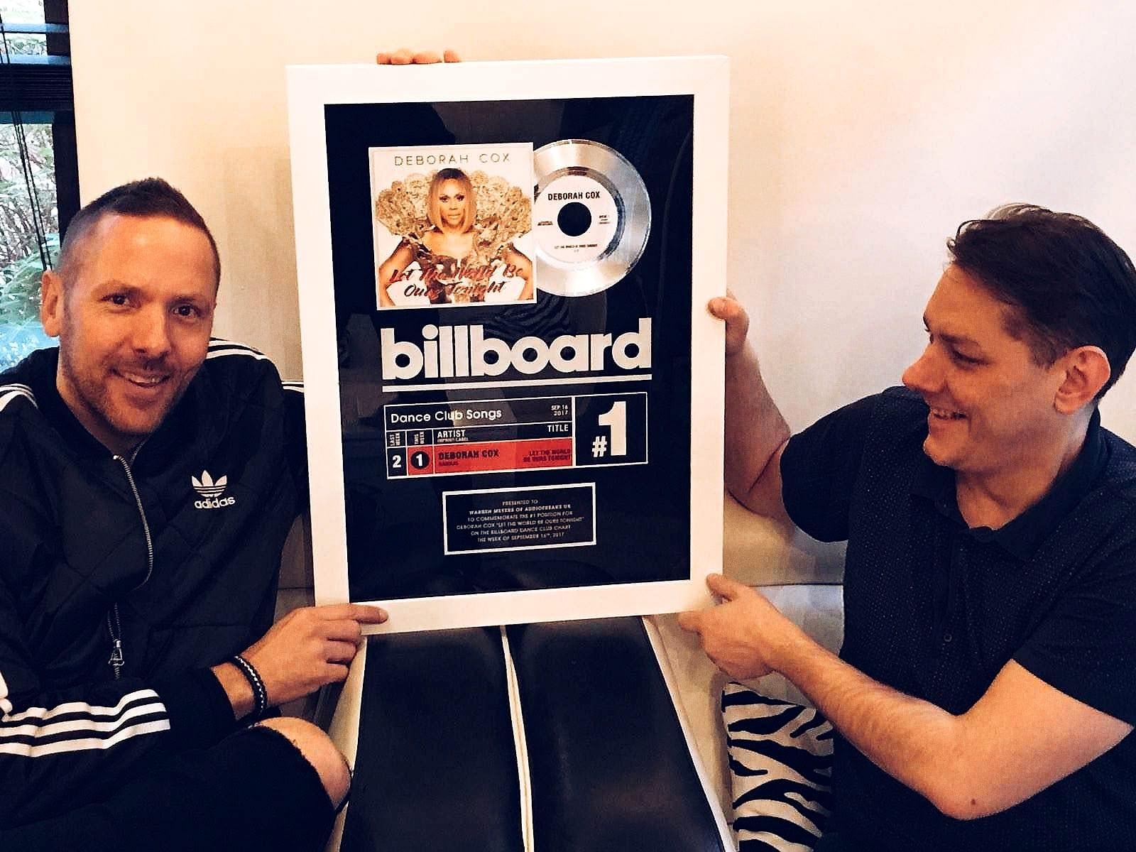 Matt and Warren holding the framed Billboard #1 plaque for Deborah Cox, Let The World Be Ours Tonight