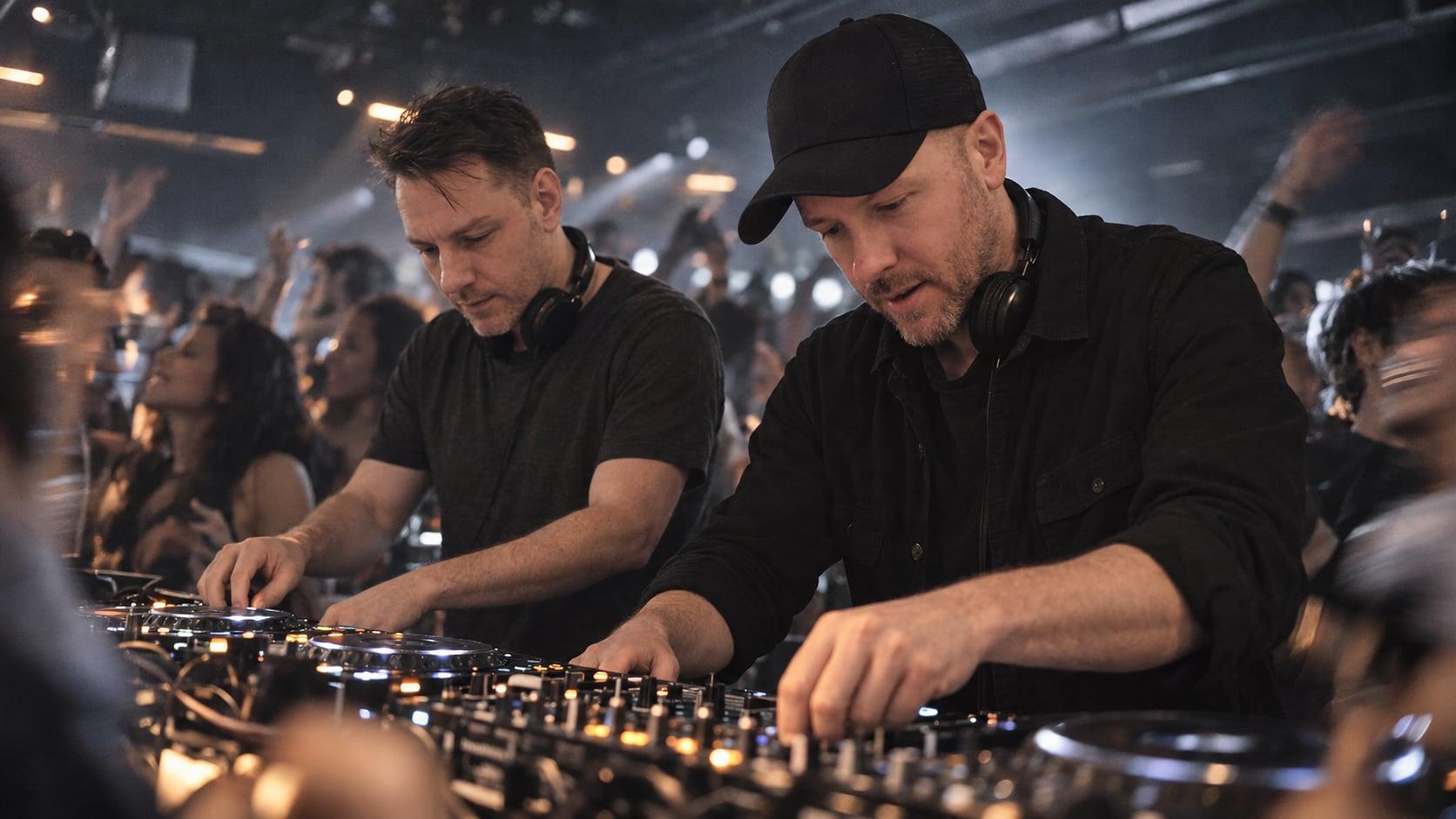 Matt and Warren mixing, lit from above, the crowd behind