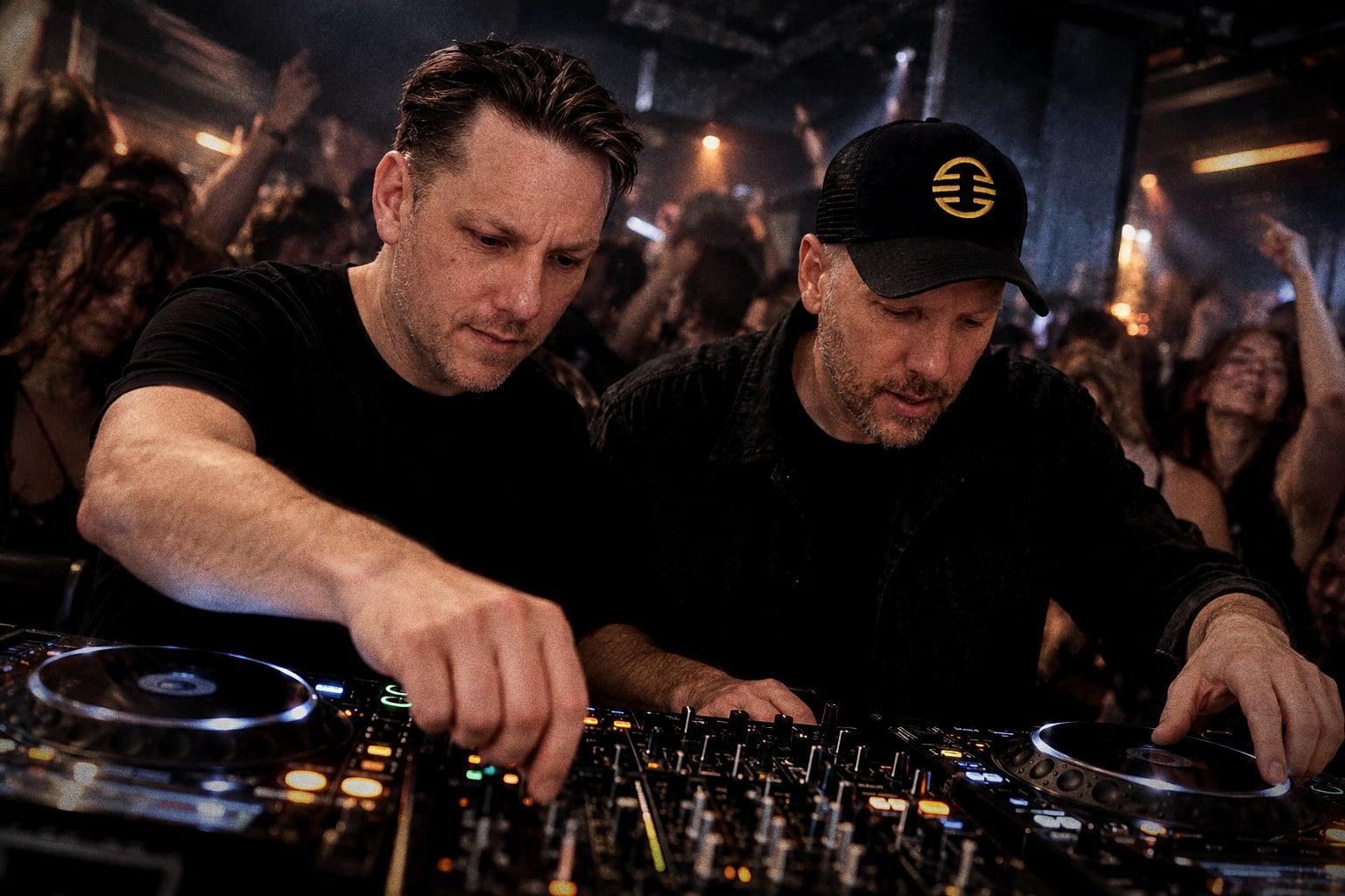 Matt and Warren behind the decks in front of a packed club