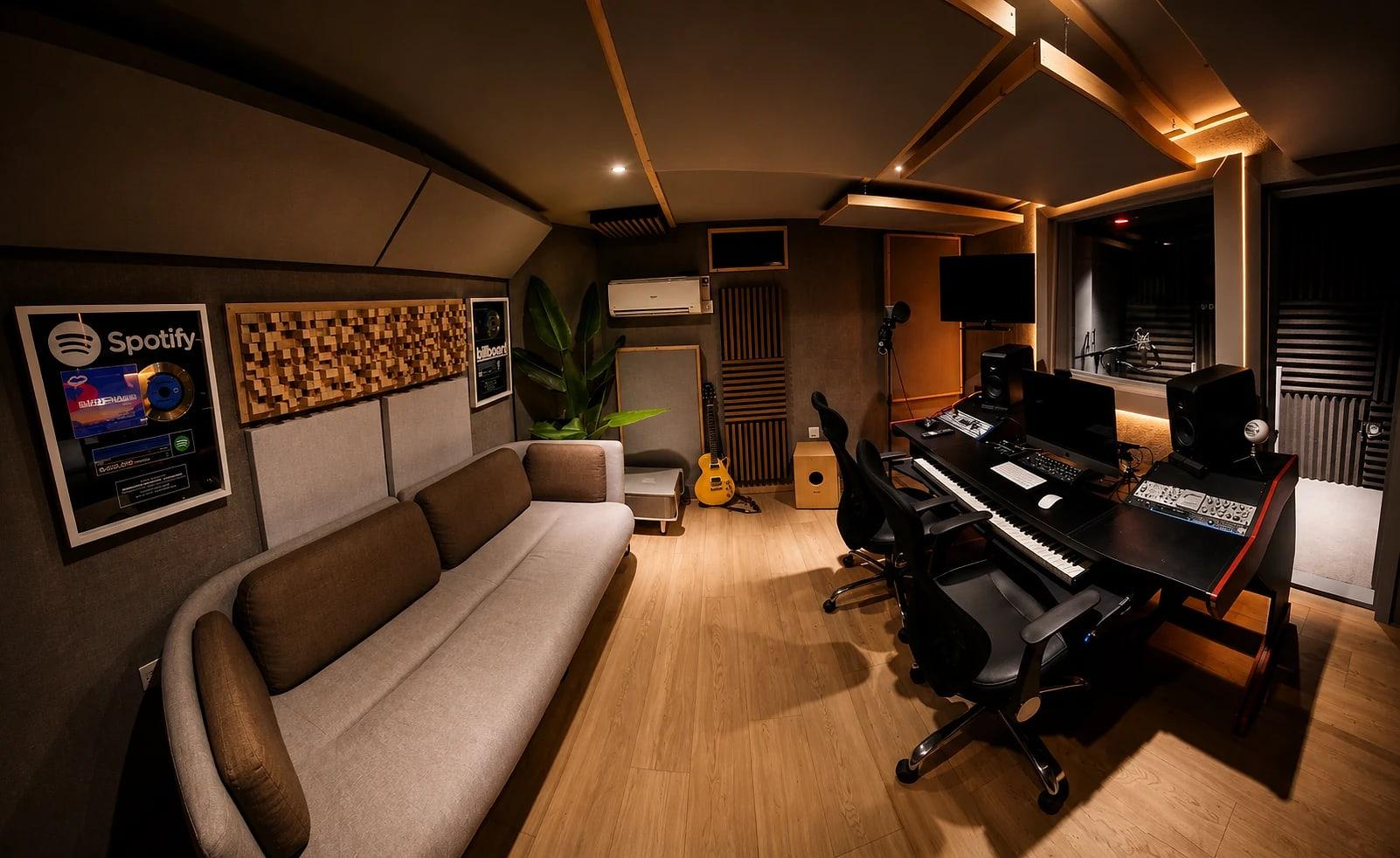 The control room's sofa end: the Spotify plaque, a guitar, and the desk
