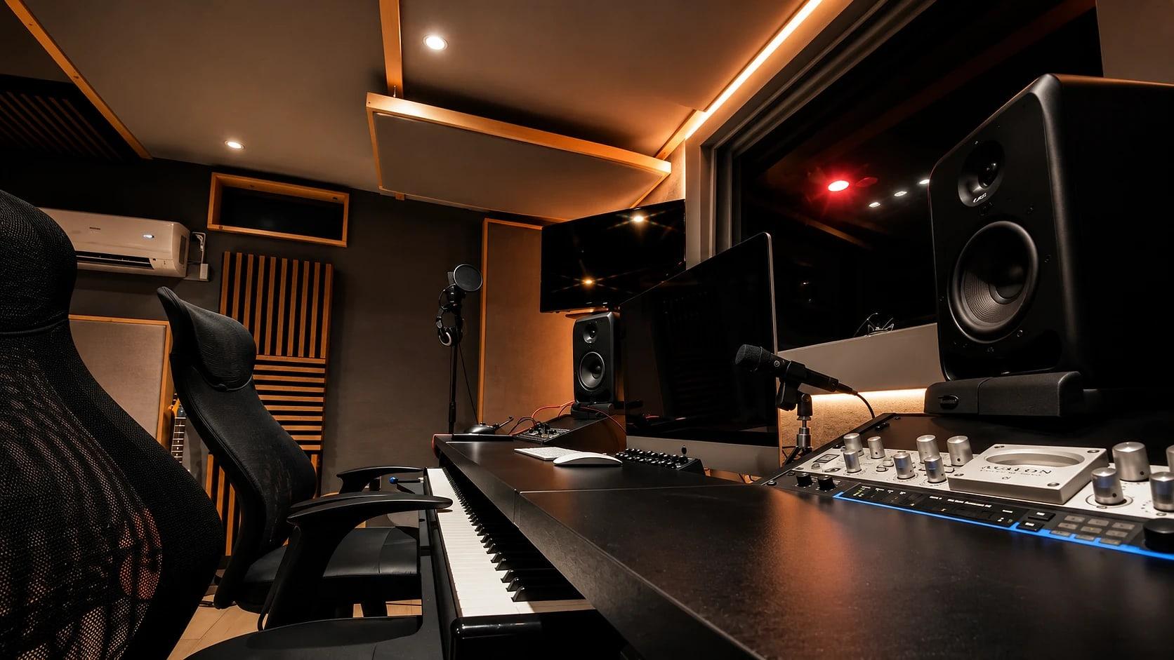 A low angle across the desk: the audio interface, monitors and the vocal booth window