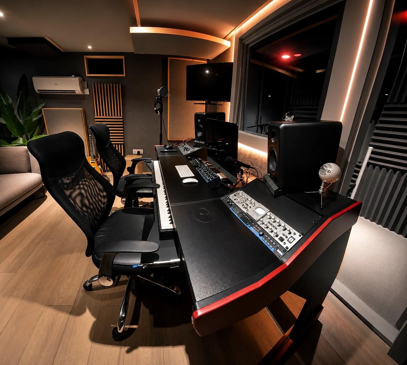 The desk from the side: keys, outboard, a microphone and the monitors under the warm ceiling lights