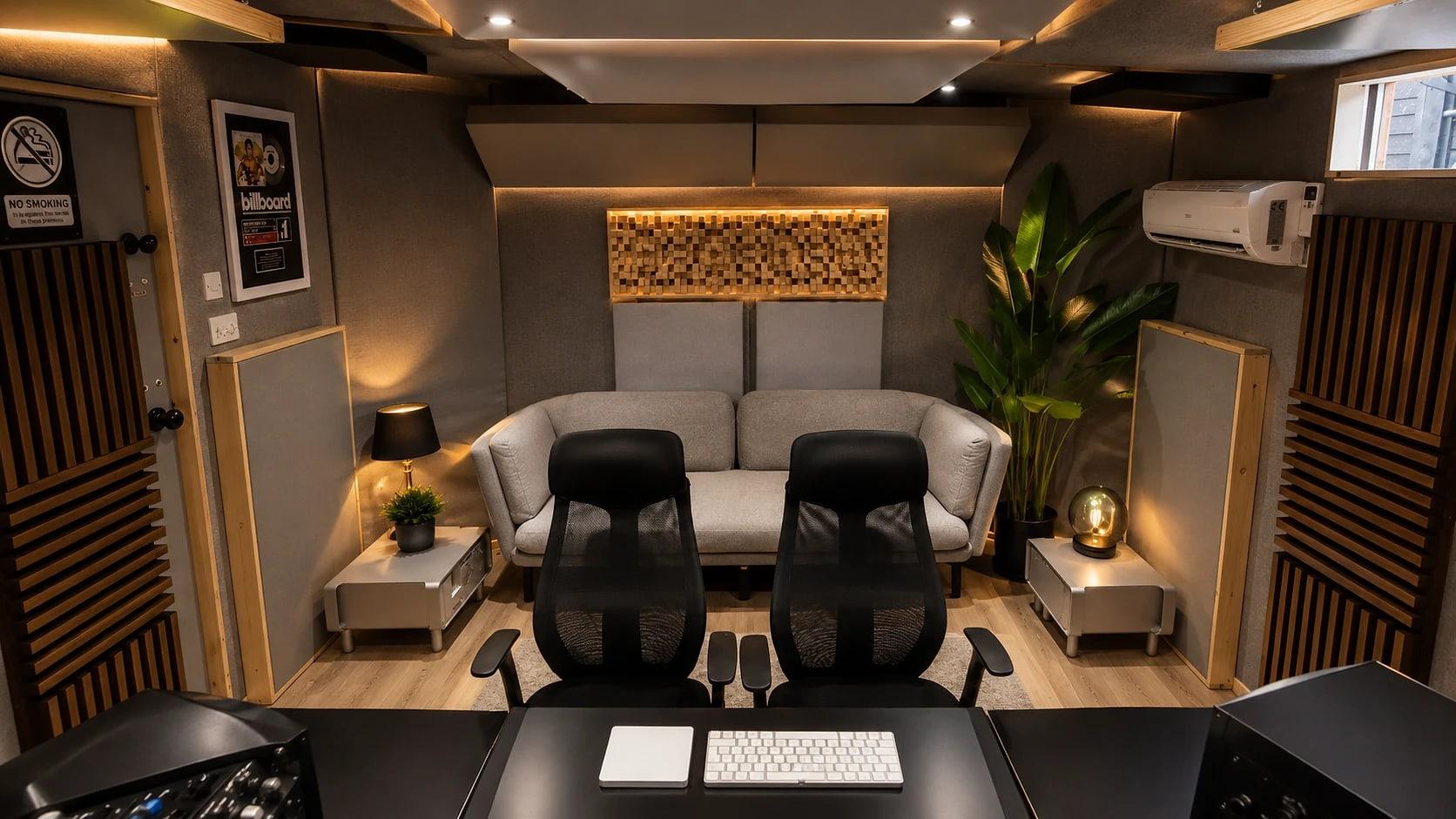 The back of the control room: two chairs, a sofa and the Billboard #1 on the wall