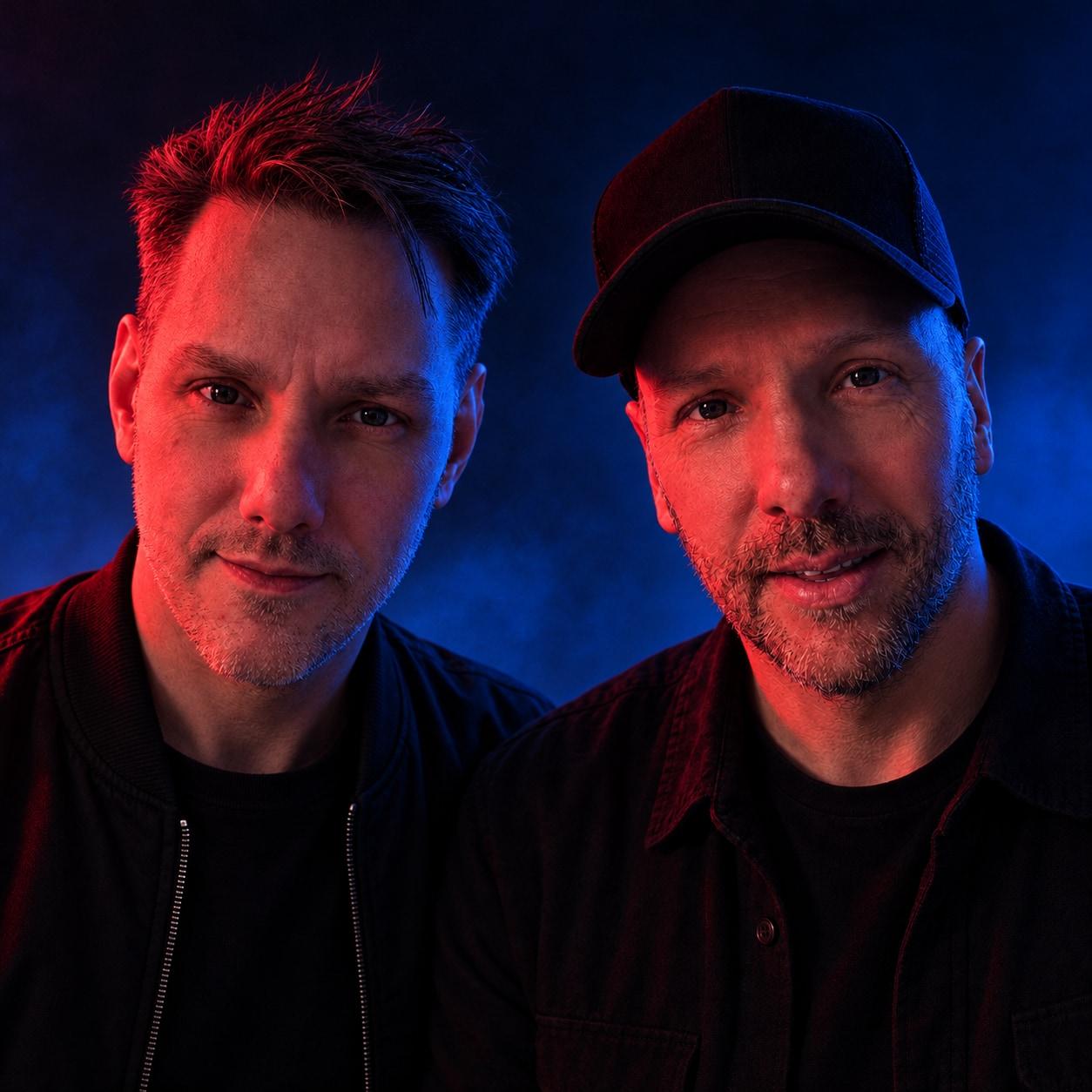 Matt and Warren Meyers, The Meyers Bros lit in red and blue